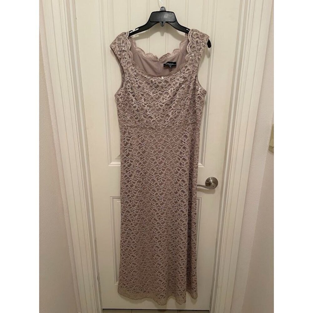 R&M Richards Petite 14P Lace‎ Sequin Dress - Taupe Sleeveless Made In USA